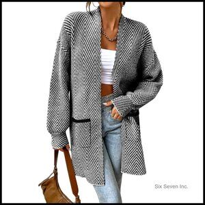 Chunky Knit Chevron Cardigan Open Front Long Sleeve Cozy Fall Sweater